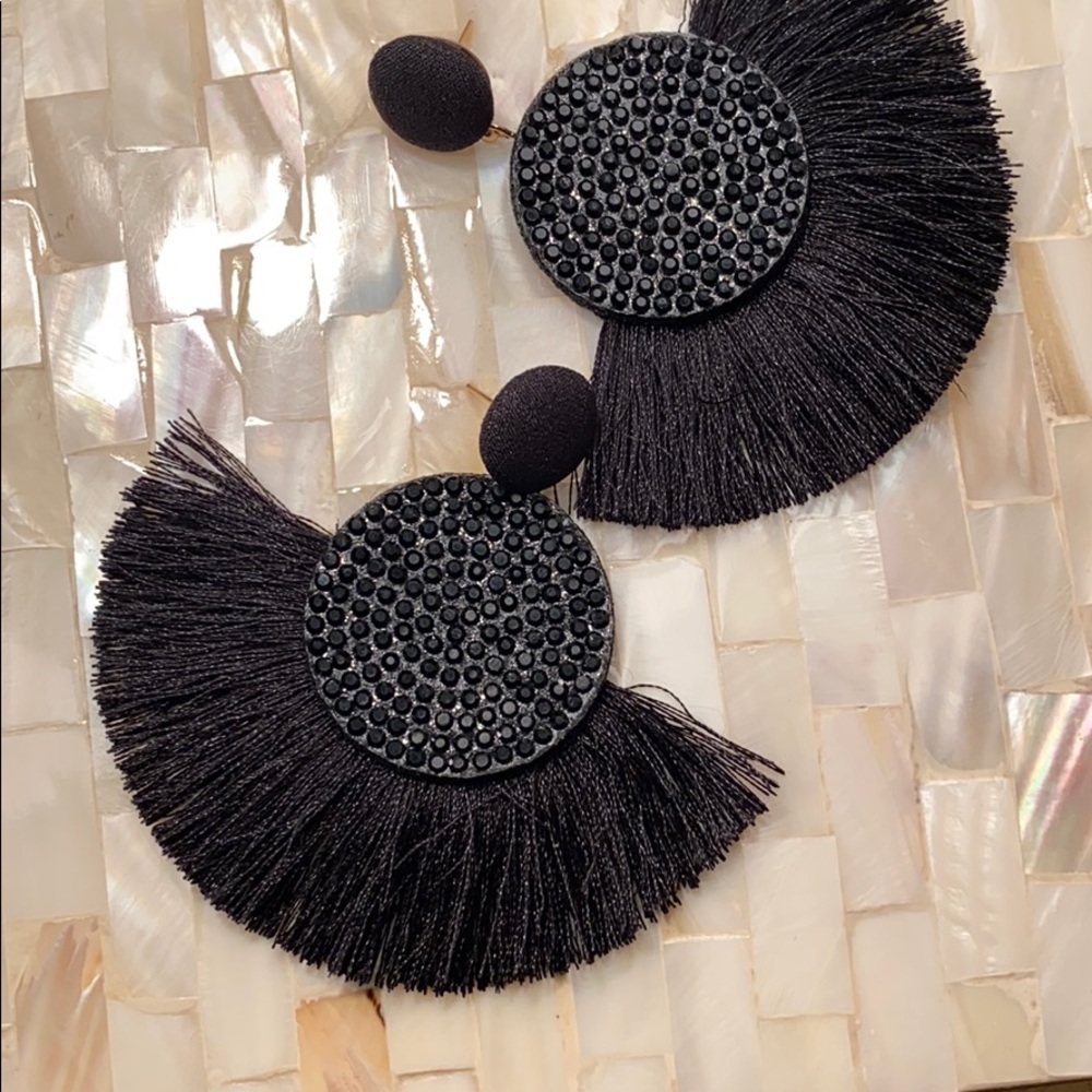 Post Drop Crystal Center Black Fan Fringe Earrings - Picture 5 of 9